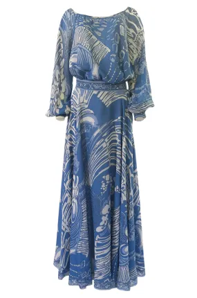 1960s Emilo Pucci Pretty Blue Silk Print Chiffon Top and Skirt Maxi Dress