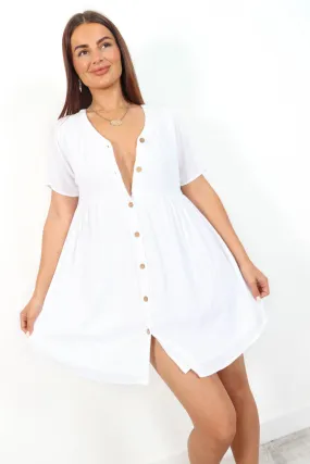 Beat You To It - White Button Down Smock Mini Dress