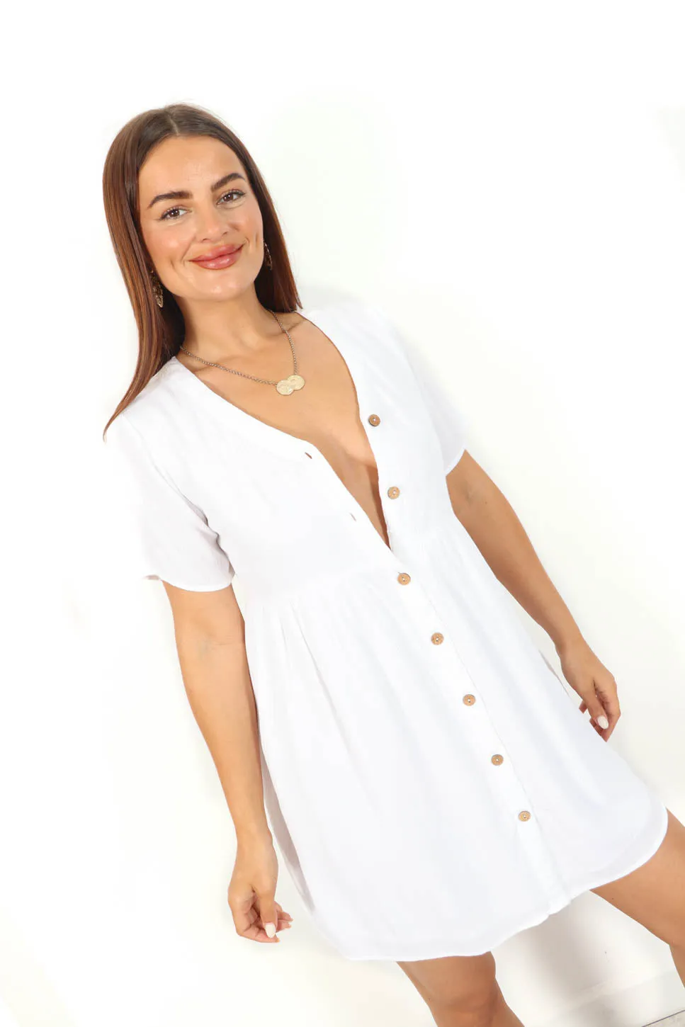 Beat You To It - White Button Down Smock Mini Dress