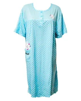 Blue Long Nighty White Dotted & Side Pocket,Front Button 903 -  Women Nightdress