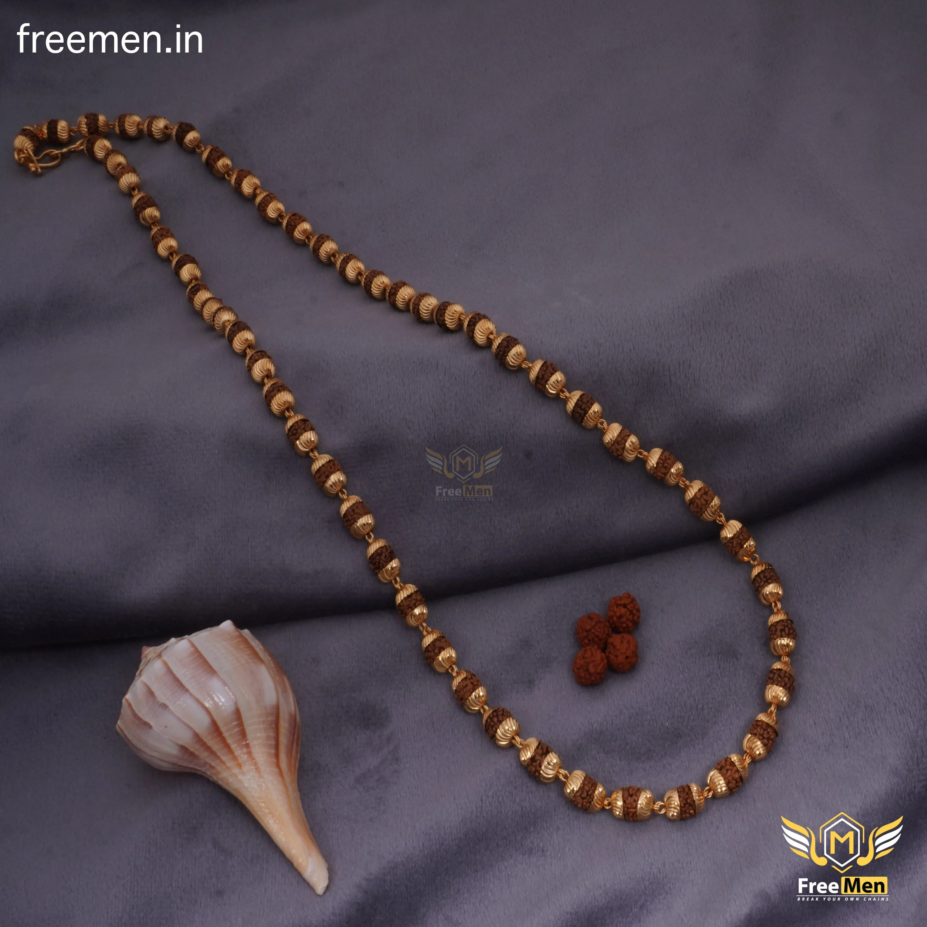 Freemen CNC CAP Brown Golden Plated Rudraksha Mala - FM126