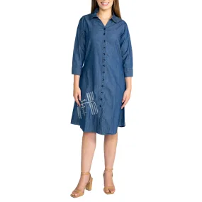 ISS Embroidery 3/4th Sleeves Button-Up Denim Dress