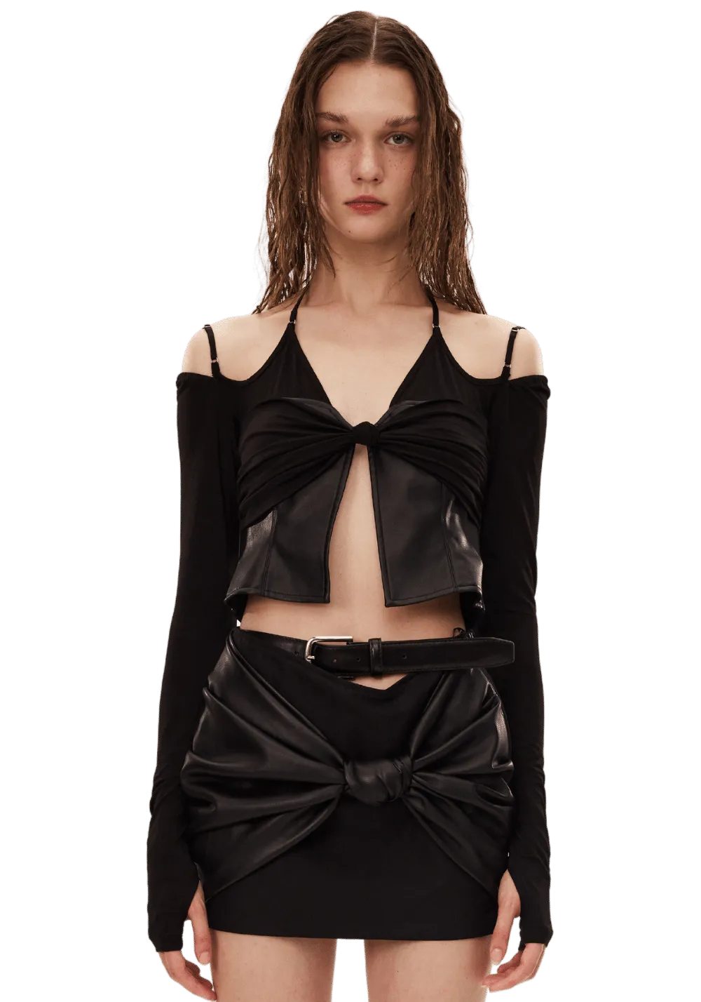 Knitted Spliced Leather Knot Top