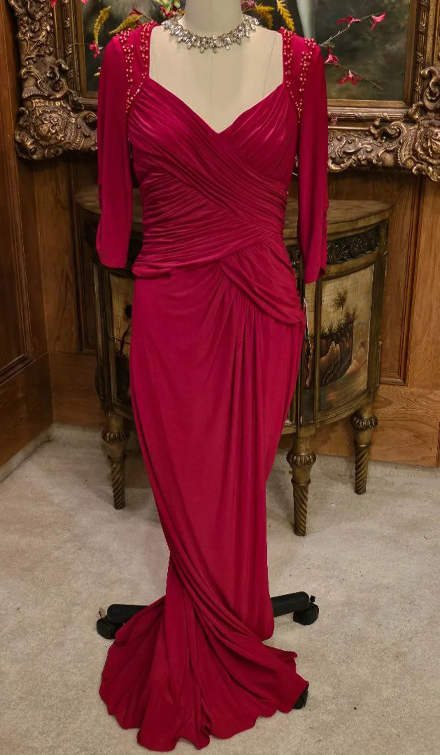 NEW - ADRIANNA PAPELL COLLECTION RUCHED EVENING GOWN IN DEEP SCARLET - NEVER WORN